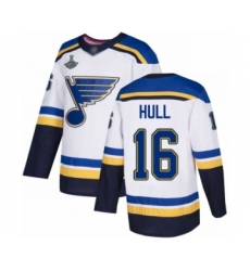 Men's St. Louis Blues #16 Brett Hull Authentic White Away 2019 Stanley Cup Champions Hockey Jersey