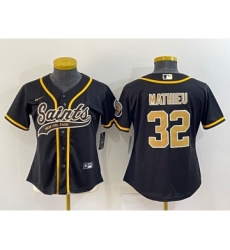 Women's New Orleans Saints #32 Tyrann Mathieu Black With Patch Cool Base Stitched Baseball Jersey