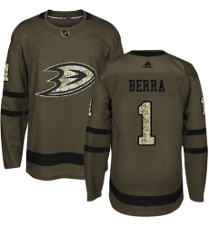 Youth Adidas Anaheim Ducks #1 Reto Berra Authentic Green Salute to Service NHL Jersey