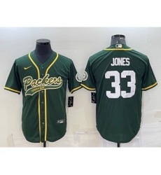Men's Green Bay Packers #33 Aaron Jones Green With Patch Cool Base Stitched Baseball Jersey