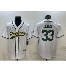 Men's Green Bay Packers #33 Aaron Jones White With Patch Cool Base Stitched Baseball Jersey