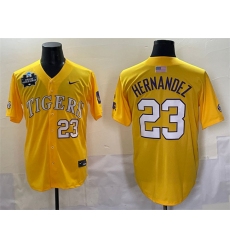 Men's LSU Tigers #23 Luis Hernandez Gold 2025 World Series & SEC Patch Stitched Baseball Jersey