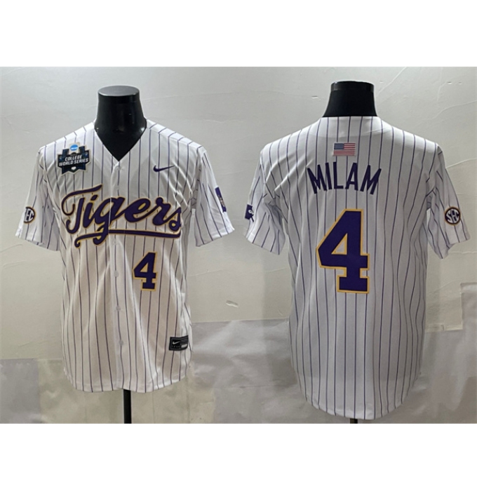 Men's LSU Tigers #4 Steven Milam White Pinstripe 2025 World Series & SEC Patch Stitched Baseball Jersey
