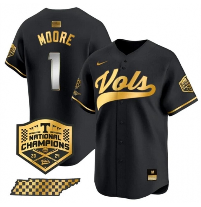 Men's Tennessee Volunteers #1 Christian Moore Black Gold 2024 Champions Vapor Limited Stitched Jersey