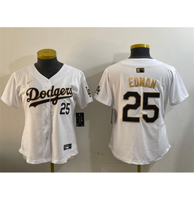 Women's Los Angeles Dodgers #25 Tommy Edman White Gold Home Limited Stitched Baseball Jersey(Run Small)