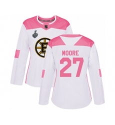 Women's Boston Bruins #27 John Moore Authentic White Pink Fashion 2019 Stanley Cup Final Bound Hockey Jersey