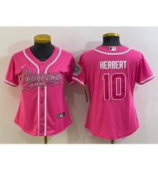 Women's Los Angeles Chargers #10 Justin Herbert Pink With Patch Cool Base Stitched Baseball Jersey