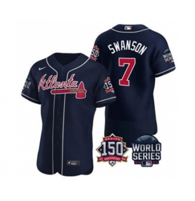 Men's Atlanta Braves #7 Dansby Swanson 2021 Navy World Series Flex Base With 150th Anniversary Patch Baseball Jersey