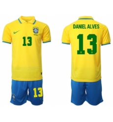 Men's Brazil #13 Daniel Alves Yellow Home Soccer Jersey Suit