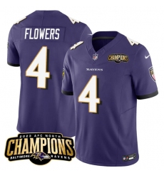 Men's Baltimore Ravens #4 Zay Flowers Purple 2023 F.U.S.E. AFC North Champions Vapor Limited Football Stitched Jersey Men's Baltimore Ravens #4 Zay Flowers Purple 2023 F.U.S.E. AFC North Champions Vapor Limited Football Stitched Jersey