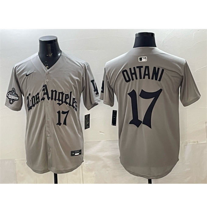 Men's Los Angeles Dodgers #17 Shohei Ohtani Grey LA Gothic Style With 2025 World Series Champions Limited Stitched Baseball Jersey