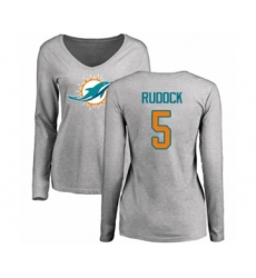 Football Women's Miami Dolphins #5 Jake Rudock Ash Name & Number Logo Long Sleeve T-Shirt