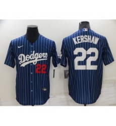 Men's Los Angeles Dodgers #22 Clayton Kershaw Navy Blue Pinstripe Stitched MLB Cool Base Nike Jersey