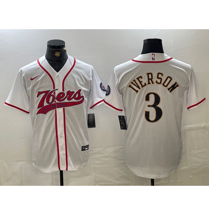 Men's Philadelphia 76ers #3 Allen Iverson White With Cool Base Stitched Baseball Jersey