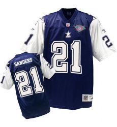 Mitchell and Ness Dallas Cowboys #21 Deion Sanders Authentic Navy Blue/White 75TH Patch Throwback NFL Jersey