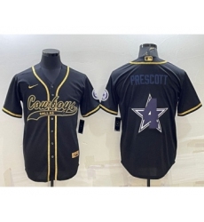 Men's Dallas Cowboys #4 Dak Prescott Black Gold Team Big Logo With Patch Cool Base Stitched Baseball Jersey