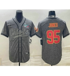 Men's Kansas City Chiefs #95 Chris Jones Grey With Super Bowl LVII Patch Cool Base Stitched Baseball Jersey