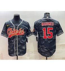 Men's Kansas City Chiefs Blank #15 Patrick Mahomes Grey Navy Camo With Patch Cool Base Stitched Baseball Jersey