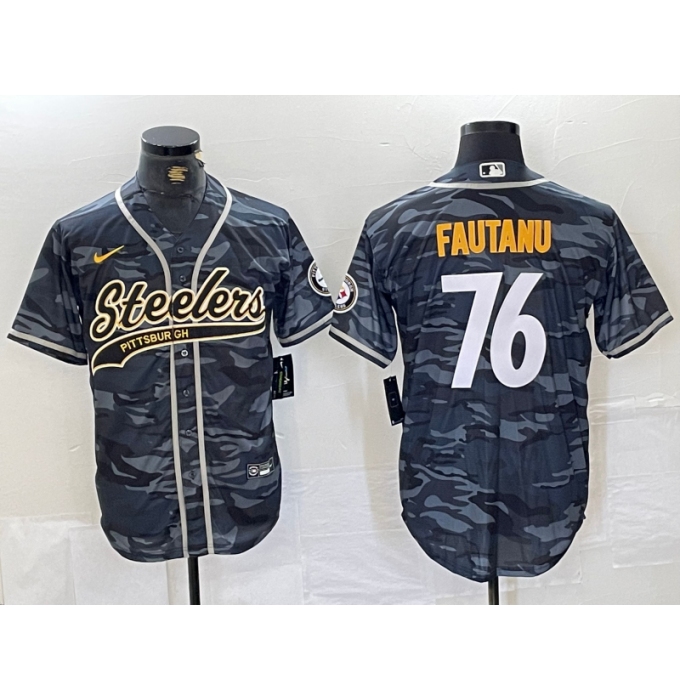 Men's Pittsburgh Steelers #76 Troy Fautanu Grey Camo With Cool Base Stitched Baseball Jersey