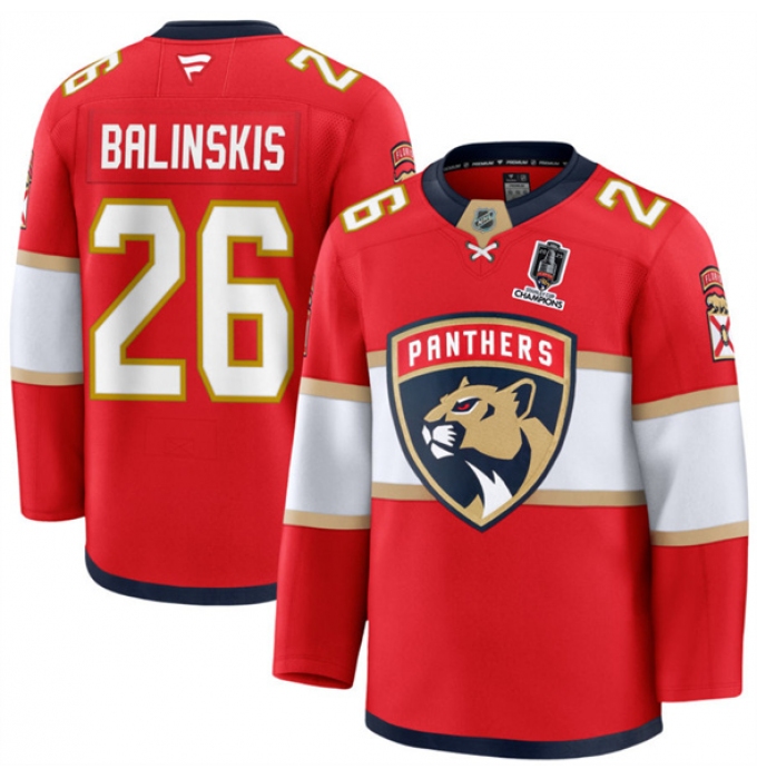 Men's Florida Panthers #26 Uvis Balinskis Red Home 2025 Stanley Cup Champions Stitched Jersey