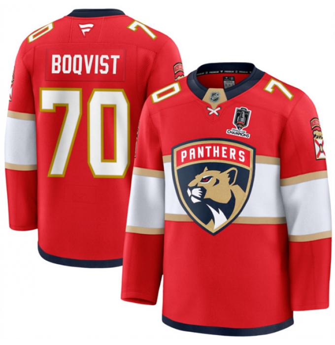 Men's Florida Panthers #70 Jesper Boqvist Red Home 2025 Stanley Cup Champions Stitched Jersey