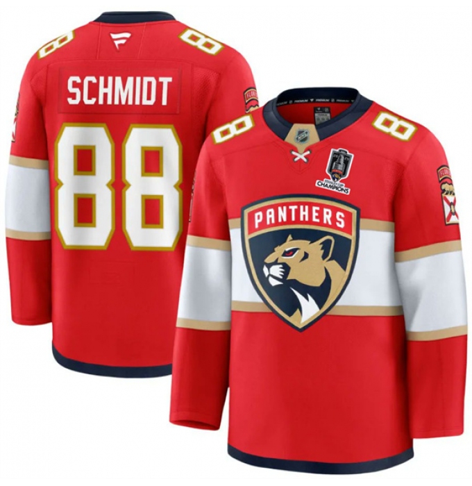 Men's Florida Panthers #88 Nate Schmidt Red Home 2025 Stanley Cup Champions Stitched Jersey