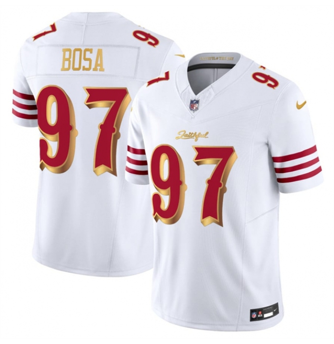 Men's San Francisco 49ers #97 Nick Bosa White Gold 2025 F.U.S.E. “Rivalries” Vapor Limited Football Stitched Jersey