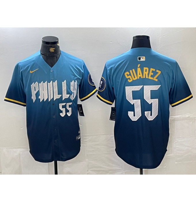 Men's Philadelphia Phillies #55 Ranger Suarez Blue 2024 City Player Number Cool Base Jersey