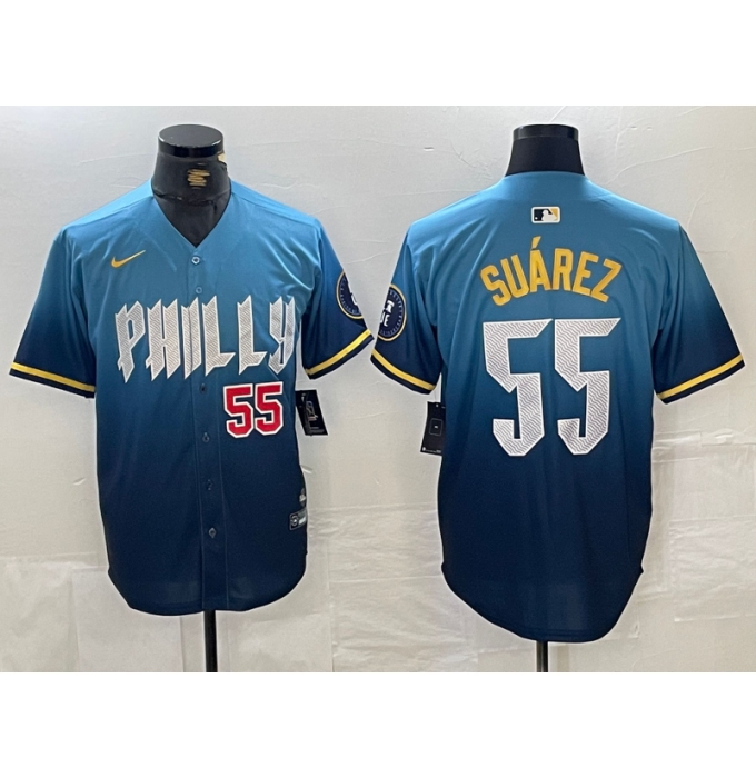 Men's Philadelphia Phillies #55 Ranger Suarez Blue 2024 City Player Number Cool Base Jerseys