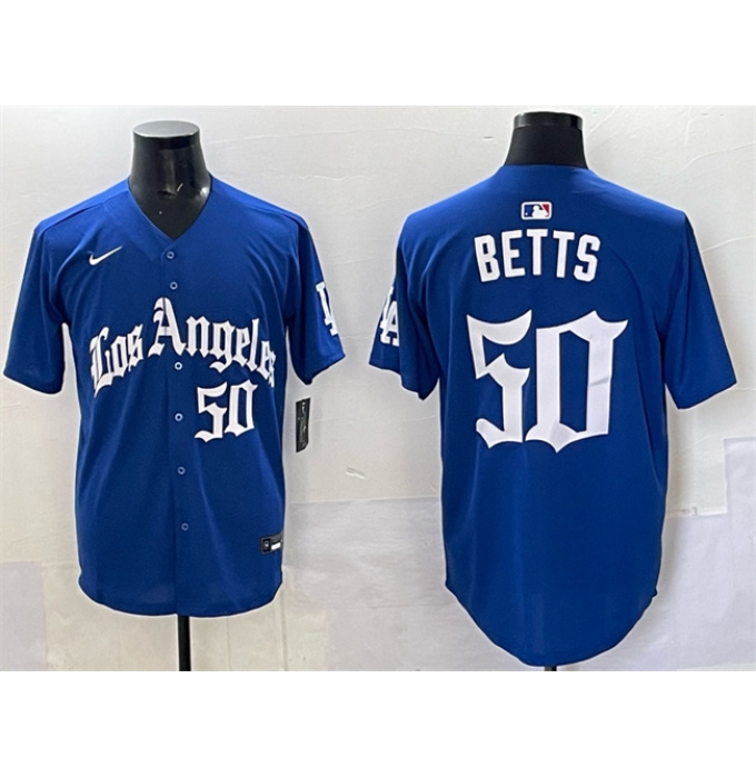 Men's Los Angeles Dodgers #50 Mookie Betts Blue 2025 LA Gothic Style With Fernando Vapor Premier Limited Stitched Baseball Jersey