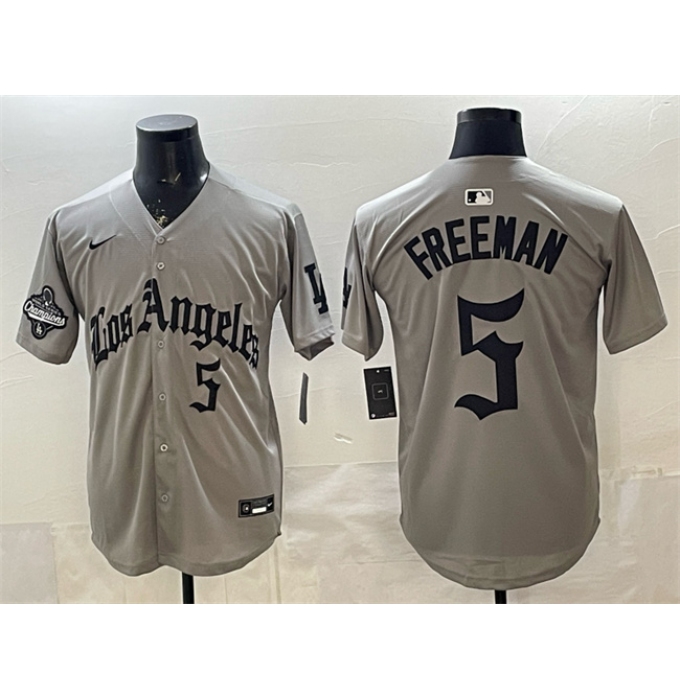 Men's Los Angeles Dodgers #5 Freddie Freeman Grey LA Gothic Style With 2025 World Series Champions Limited Stitched Baseball Jersey