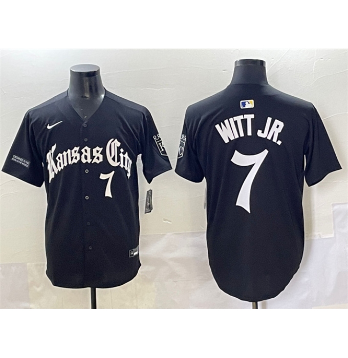 Men's Kansas City Royals #7 Bobby Witt Jr. Black 'Gothic Crown Edition' Vapor Premier Limited Stitched Baseball Jersey