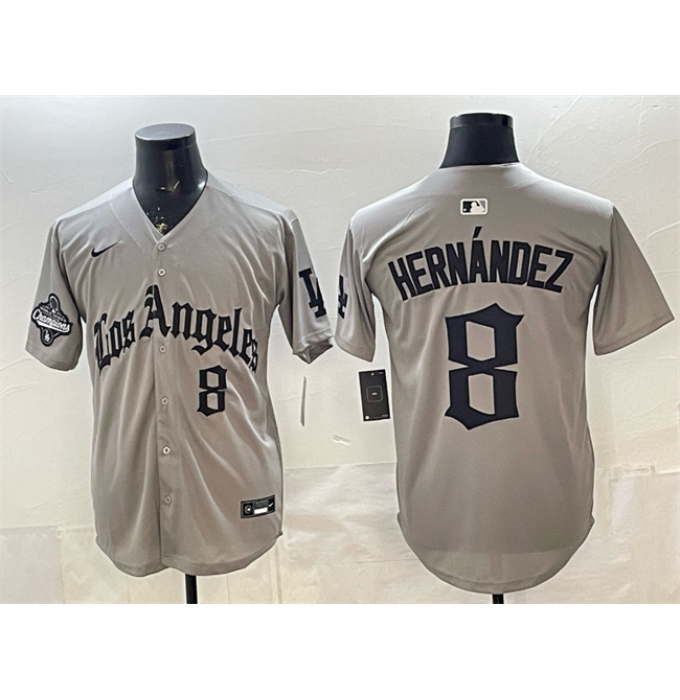 Men's Los Angeles Dodgers #8 Enrique Hernández Grey LA Gothic Style With 2025 World Series Champions Limited Stitched Baseball Jersey
