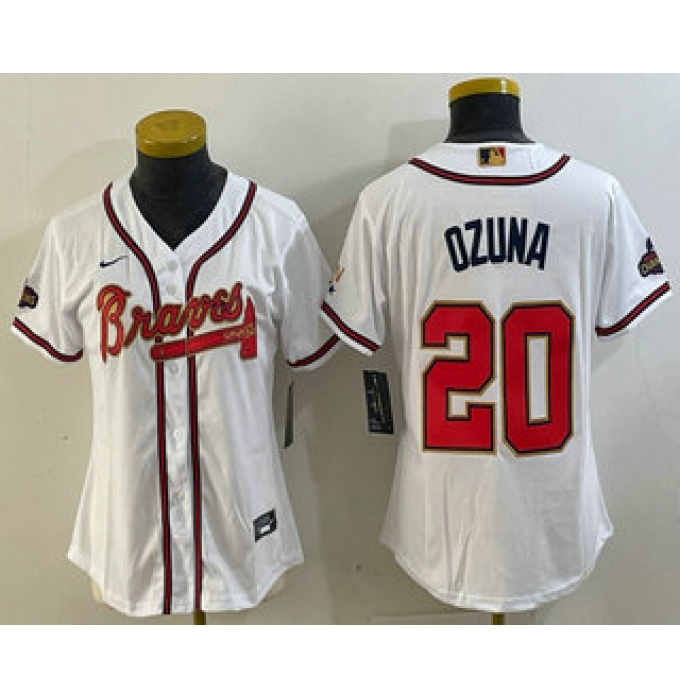 Women's Atlanta Braves #20 Marcell Ozuna White Gold World Series Champions Cool Base Stitched Jersey