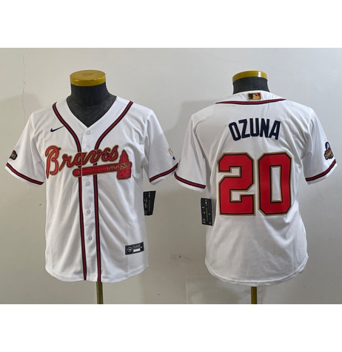 Youth Atlanta Braves #20 Marcell Ozuna White Gold World Series Champions Cool Base Stitched Jersey