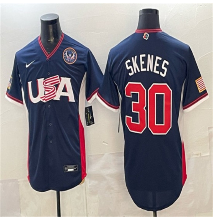 Men's USA Baseball #30 Paul Skenes Navy 2026 World Baseball Classic United States 250th Anniversary Road Stadium Stitched Jersey