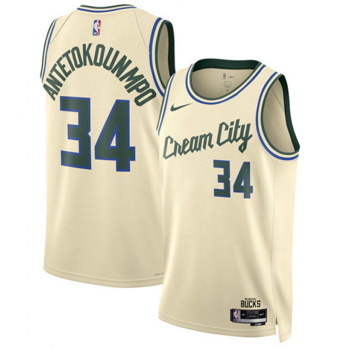 Men's Milwaukee Bucks #34 Giannis Antetokounmpo Cream 2025-26 City Edition Swingman Stitched Basketball Jersey